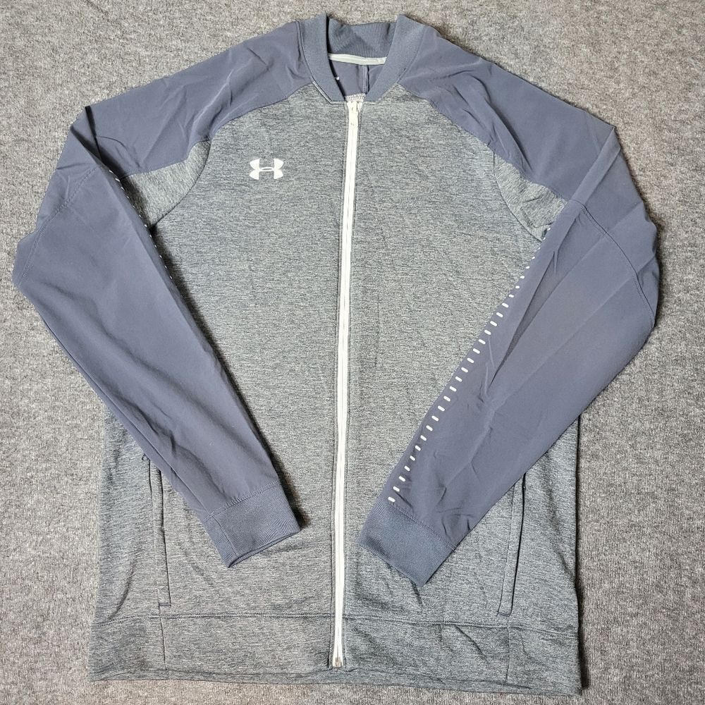 Under Armour Track Jacket Adult Mens Size M Gray Blue Full Zip Athletic ColdGear